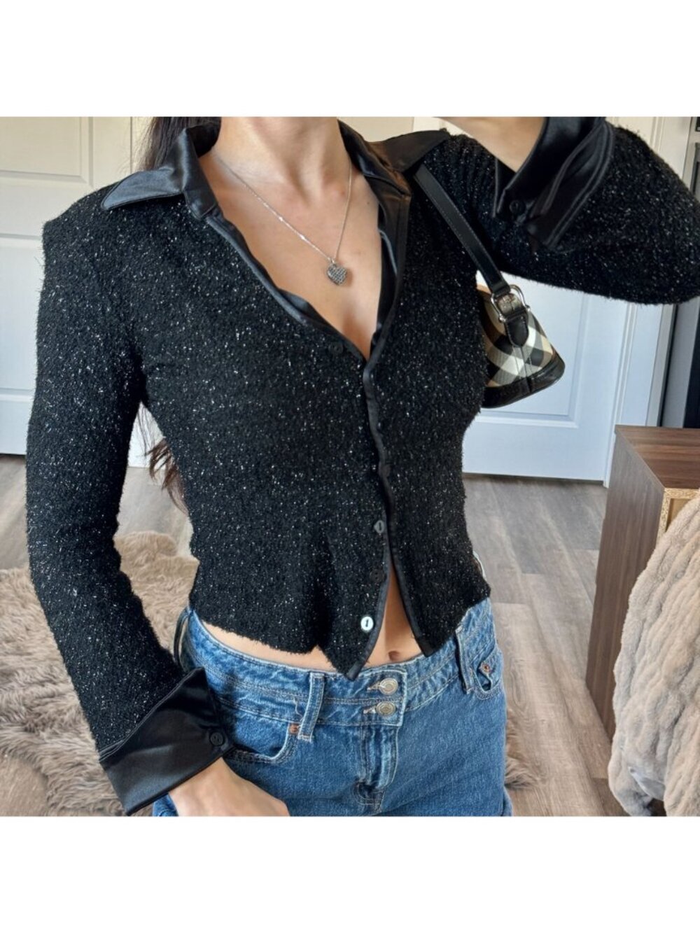 Vintage Y2K Moda International Whimsigoth Metallic Knit Satin Trim Button Shirt